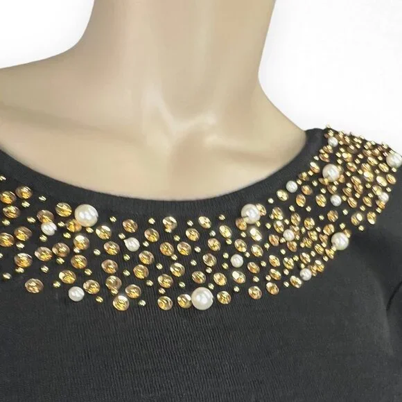 Vintage 80s Medium Long Sleeve Gold‎ Beaded Cocktail Dress